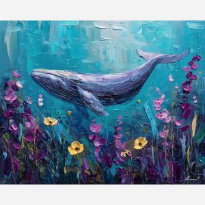 whale, a whale scene featuring whale in turquoise sea, an oceanic environment, whale in turquoise sea, deep blue and turquoise with silver light, vast and cinematic, foreground subject, impasto texture, textured strokes, atmospheric depth, oil painting, palette knife texture, impasto oil, thick paint, bold brushwork, soft glow, color contrast, layered depth, foreground focus, background gradient