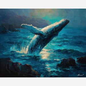 whale, a whale scene featuring island sea whale, an oceanic environment, island sea whale, deep blue and turquoise with silver light, vast and cinematic, foreground subject, impasto texture, textured strokes, atmospheric depth, oil painting, palette knife texture, impasto oil, thick paint, bold brushwork, soft glow, color contrast, layered depth, foreground focus, background gradient