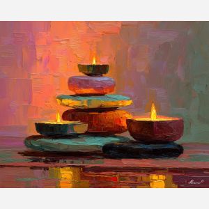 yoga, a yoga composition with candlelit balance, a quiet meditative setting, candlelit balance, soft peach and sage with warm gold light, calm and restorative, foreground subject, impasto texture, textured strokes, atmospheric depth, oil painting, palette knife texture, impasto oil, thick paint, bold brushwork, soft glow, color contrast, layered depth, foreground focus, background gradient