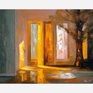 yoga, a yoga composition with gold room stretch, a quiet meditative setting, gold room stretch, soft peach and sage with warm gold light, calm and restorative, foreground subject, impasto texture, textured strokes, atmospheric depth, oil painting, palette knife texture, impasto oil, thick paint, bold brushwork, soft glow, color contrast, layered depth, foreground focus, background gradient