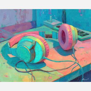80s, an 80s-inspired scene featuring headphones on desk, a retro neon environment, headphones on desk, neon pink and teal with cobalt shadows, neon and nostalgic, foreground subject, impasto texture, textured strokes, atmospheric depth, oil painting, palette knife texture, impasto oil, thick paint, bold brushwork, soft glow, color contrast, layered depth, foreground focus, background gradient