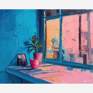 80s, an 80s-inspired scene featuring vinyl and shades, a retro neon environment, vinyl and shades, neon pink and teal with cobalt shadows, neon and nostalgic, foreground subject, impasto texture, textured strokes, atmospheric depth, oil painting, palette knife texture, impasto oil, thick paint, bold brushwork, soft glow, color contrast, layered depth, foreground focus, background gradient