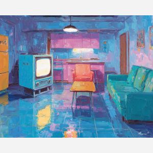 80s, an 80s-inspired scene featuring retro tv room, a retro neon environment, retro tv room, neon pink and teal with cobalt shadows, neon and nostalgic, foreground subject, impasto texture, textured strokes, atmospheric depth, oil painting, palette knife texture, impasto oil, thick paint, bold brushwork, soft glow, color contrast, layered depth, foreground focus, background gradient