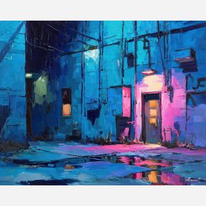 80s, an 80s-inspired scene featuring blue neon alley, a retro neon environment, blue neon alley, neon pink and teal with cobalt shadows, neon and nostalgic, foreground subject, impasto texture, textured strokes, atmospheric depth, oil painting, palette knife texture, impasto oil, thick paint, bold brushwork, soft glow, color contrast, layered depth, foreground focus, background gradient
