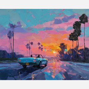 80s, an 80s-inspired scene featuring sunset convertible, a retro neon environment, sunset convertible, neon pink and teal with cobalt shadows, neon and nostalgic, foreground subject, impasto texture, textured strokes, atmospheric depth, oil painting, palette knife texture, impasto oil, thick paint, bold brushwork, soft glow, color contrast, layered depth, foreground focus, background gradient