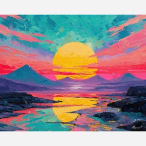80s, an 80s-inspired scene featuring laser sunset, a retro neon environment, laser sunset, neon pink and teal with cobalt shadows, neon and nostalgic, foreground subject, impasto texture, textured strokes, atmospheric depth, oil painting, palette knife texture, impasto oil, thick paint, bold brushwork, soft glow, color contrast, layered depth, foreground focus, background gradient