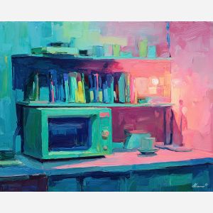 80s, an 80s-inspired scene featuring vhs shelf, a retro neon environment, vhs shelf, neon pink and teal with cobalt shadows, neon and nostalgic, foreground subject, impasto texture, textured strokes, atmospheric depth, oil painting, palette knife texture, impasto oil, thick paint, bold brushwork, soft glow, color contrast, layered depth, foreground focus, background gradient
