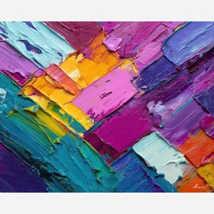 colorful abstract, a colorful abstract composition built around angled stripe storm, an abstract studio-like picture plane, angled stripe storm, magenta and teal with saturated rainbow accents, bold and modern, foreground subject, impasto texture, textured strokes, atmospheric depth, oil painting, palette knife texture, impasto oil, thick paint, bold brushwork, soft glow, color contrast, layered depth, foreground focus, background gradient