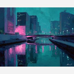 80s, an 80s-inspired scene featuring city synth haze, a retro neon environment, city synth haze, neon pink and teal with cobalt shadows, neon and nostalgic, foreground subject, impasto texture, textured strokes, atmospheric depth, oil painting, palette knife texture, impasto oil, thick paint, bold brushwork, soft glow, color contrast, layered depth, foreground focus, background gradient