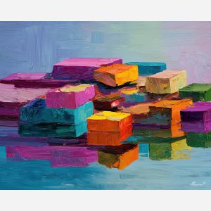 colorful abstract, a colorful abstract composition built around floating shape grid, an abstract studio-like picture plane, floating shape grid, magenta and teal with saturated rainbow accents, bold and modern, foreground subject, impasto texture, textured strokes, atmospheric depth, oil painting, palette knife texture, impasto oil, thick paint, bold brushwork, soft glow, color contrast, layered depth, foreground focus, background gradient
