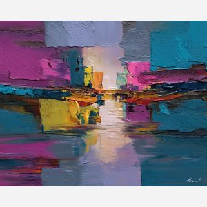 colorful abstract, a colorful abstract composition built around split tone wave, an abstract studio-like picture plane, split tone wave, magenta and teal with saturated rainbow accents, bold and modern, foreground subject, impasto texture, textured strokes, atmospheric depth, oil painting, palette knife texture, impasto oil, thick paint, bold brushwork, soft glow, color contrast, layered depth, foreground focus, background gradient