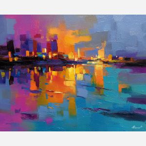 colorful abstract, a colorful abstract composition built around abstract skyline blur, an abstract studio-like picture plane, abstract skyline blur, magenta and teal with saturated rainbow accents, bold and modern, foreground subject, impasto texture, textured strokes, atmospheric depth, oil painting, palette knife texture, impasto oil, thick paint, bold brushwork, soft glow, color contrast, layered depth, foreground focus, background gradient