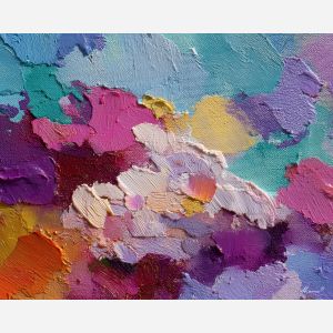 colorful abstract, a colorful abstract composition built around paint cloud shape, an abstract studio-like picture plane, paint cloud shape, magenta and teal with saturated rainbow accents, bold and modern, foreground subject, impasto texture, textured strokes, atmospheric depth, oil painting, palette knife texture, impasto oil, thick paint, bold brushwork, soft glow, color contrast, layered depth, foreground focus, background gradient