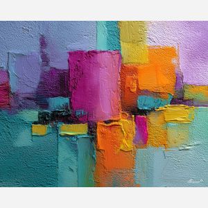 colorful abstract, a colorful abstract composition built around vivid square cascade, an abstract studio-like picture plane, vivid square cascade, magenta and teal with saturated rainbow accents, bold and modern, foreground subject, impasto texture, textured strokes, atmospheric depth, oil painting, palette knife texture, impasto oil, thick paint, bold brushwork, soft glow, color contrast, layered depth, foreground focus, background gradient