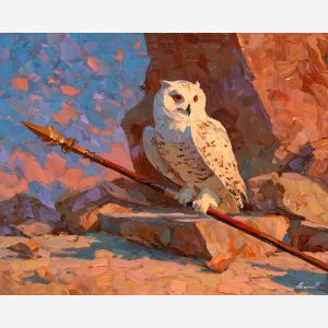 athena, an Athena-inspired mythic scene with owl and spear, an ancient Greek-inspired setting, owl and spear, marble ivory and bronze with cobalt dusk, mythic and luminous, foreground subject, impasto texture, textured strokes, atmospheric depth, oil painting, palette knife texture, impasto oil, thick paint, bold brushwork, soft glow, color contrast, layered depth, foreground focus, background gradient