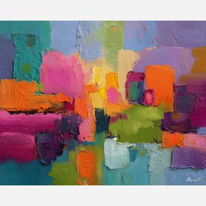 colorful abstract, a colorful abstract composition built around saturated shape echo, an abstract studio-like picture plane, saturated shape echo, magenta and teal with saturated rainbow accents, bold and modern, foreground subject, impasto texture, textured strokes, atmospheric depth, oil painting, palette knife texture, impasto oil, thick paint, bold brushwork, soft glow, color contrast, layered depth, foreground focus, background gradient