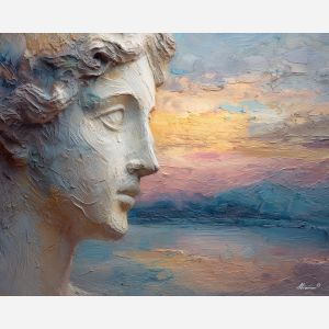 athena, an Athena-inspired mythic scene with ivory bust profile, an ancient Greek-inspired setting, ivory bust profile, marble ivory and bronze with cobalt dusk, mythic and luminous, foreground subject, impasto texture, textured strokes, atmospheric depth, oil painting, palette knife texture, impasto oil, thick paint, bold brushwork, soft glow, color contrast, layered depth, foreground focus, background gradient