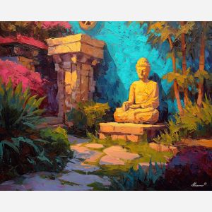 buddha, a Buddha-inspired spiritual scene with gold statue garden, a temple or contemplative setting, gold statue garden, warm gold and earth clay with deep teal shadows, serene and contemplative, foreground subject, impasto texture, textured strokes, atmospheric depth, oil painting, palette knife texture, impasto oil, thick paint, bold brushwork, soft glow, color contrast, layered depth, foreground focus, background gradient