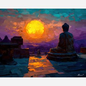 buddha, a Buddha-inspired spiritual scene with sunrise prayer room, a temple or contemplative setting, sunrise prayer room, warm gold and earth clay with deep teal shadows, serene and contemplative, foreground subject, impasto texture, textured strokes, atmospheric depth, oil painting, palette knife texture, impasto oil, thick paint, bold brushwork, soft glow, color contrast, layered depth, foreground focus, background gradient
