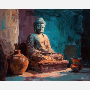 buddha, a Buddha-inspired spiritual scene with earthy clay statue, a temple or contemplative setting, earthy clay statue, warm gold and earth clay with deep teal shadows, serene and contemplative, foreground subject, impasto texture, textured strokes, atmospheric depth, oil painting, palette knife texture, impasto oil, thick paint, bold brushwork, soft glow, color contrast, layered depth, foreground focus, background gradient