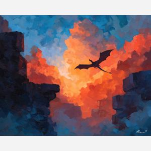 charizard, a Charizard-inspired fantasy scene featuring cliffside wingspan, a fire and sky fantasy environment, cliffside wingspan, orange flame and crimson with deep blue black shadow, fiery and dramatic, foreground subject, impasto texture, textured strokes, atmospheric depth, oil painting, palette knife texture, impasto oil, thick paint, bold brushwork, soft glow, color contrast, layered depth, foreground focus, background gradient