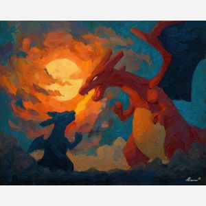charizard, a Charizard-inspired fantasy scene featuring ash storm charge, a fire and sky fantasy environment, ash storm charge, orange flame and crimson with deep blue black shadow, fiery and dramatic, foreground subject, impasto texture, textured strokes, atmospheric depth, oil painting, palette knife texture, impasto oil, thick paint, bold brushwork, soft glow, color contrast, layered depth, foreground focus, background gradient