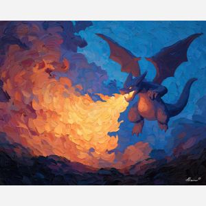 charizard, a Charizard-inspired fantasy scene featuring blue flame contrast, a fire and sky fantasy environment, blue flame contrast, orange flame and crimson with deep blue black shadow, fiery and dramatic, foreground subject, impasto texture, textured strokes, atmospheric depth, oil painting, palette knife texture, impasto oil, thick paint, bold brushwork, soft glow, color contrast, layered depth, foreground focus, background gradient