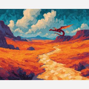 charizard, a Charizard-inspired fantasy scene featuring desert flame path, a fire and sky fantasy environment, desert flame path, orange flame and crimson with deep blue black shadow, fiery and dramatic, foreground subject, impasto texture, textured strokes, atmospheric depth, oil painting, palette knife texture, impasto oil, thick paint, bold brushwork, soft glow, color contrast, layered depth, foreground focus, background gradient