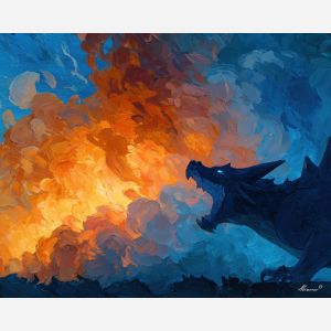 charizard, a Charizard-inspired fantasy scene featuring thunder cloud roar, a fire and sky fantasy environment, thunder cloud roar, orange flame and crimson with deep blue black shadow, fiery and dramatic, foreground subject, impasto texture, textured strokes, atmospheric depth, oil painting, palette knife texture, impasto oil, thick paint, bold brushwork, soft glow, color contrast, layered depth, foreground focus, background gradient