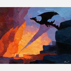 charizard, a Charizard-inspired fantasy scene featuring wing shadow over stone, a fire and sky fantasy environment, wing shadow over stone, orange flame and crimson with deep blue black shadow, fiery and dramatic, foreground subject, impasto texture, textured strokes, atmospheric depth, oil painting, palette knife texture, impasto oil, thick paint, bold brushwork, soft glow, color contrast, layered depth, foreground focus, background gradient