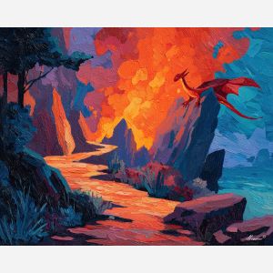 charizard, a Charizard-inspired fantasy scene featuring firelit cliff path, a fire and sky fantasy environment, firelit cliff path, orange flame and crimson with deep blue black shadow, fiery and dramatic, foreground subject, impasto texture, textured strokes, atmospheric depth, oil painting, palette knife texture, impasto oil, thick paint, bold brushwork, soft glow, color contrast, layered depth, foreground focus, background gradient