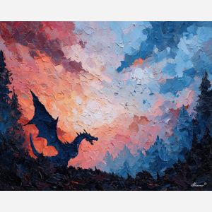 charizard, a Charizard-inspired fantasy scene featuring charred forest edge, a fire and sky fantasy environment, charred forest edge, orange flame and crimson with deep blue black shadow, fiery and dramatic, foreground subject, impasto texture, textured strokes, atmospheric depth, oil painting, palette knife texture, impasto oil, thick paint, bold brushwork, soft glow, color contrast, layered depth, foreground focus, background gradient