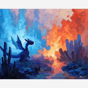 charizard, a Charizard-inspired fantasy scene featuring blue flame contrast, a fire and sky fantasy environment, blue flame contrast, orange flame and crimson with deep blue black shadow, fiery and dramatic, foreground subject, impasto texture, textured strokes, atmospheric depth, oil painting, palette knife texture, impasto oil, thick paint, bold brushwork, soft glow, color contrast, layered depth, foreground focus, background gradient