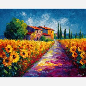 SUNFLOWER LANE, a rural lane bordered by sunflowers in clear daylight with warm earth and cobalt sky vivid Leonid Afremov style mood bol, landscape painting, nature wall art, scenic artwork, oil painting, canvas art, wall art, Afremov style, palette knife texture, colorful landscape, bright scenery, decorative artwork, textured painting, vivid landscape art, gallery wall art, luminous painting, sunlit landscape, daylight scenery, home decor art