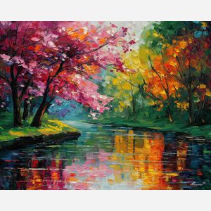 RIVER BLOOM, a flowering riverbank in bright daylight with fresh reflections and rich spring color vivid Leonid Afremov style mood bo, landscape painting, nature wall art, scenic artwork, oil painting, canvas art, wall art, Afremov style, palette knife texture, colorful landscape, bright scenery, decorative artwork, textured painting, vivid landscape art, gallery wall art, luminous painting, sunlit landscape, daylight scenery, home decor art