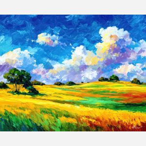 PASTURE SKY, a broad pasture under clear blue daylight with rolling grass and soft cloud shadows vivid Leonid Afremov style mood bold, landscape painting, nature wall art, scenic artwork, oil painting, canvas art, wall art, Afremov style, palette knife texture, colorful landscape, bright scenery, decorative artwork, textured painting, vivid landscape art, gallery wall art, luminous painting, sunlit landscape, daylight scenery, home decor art