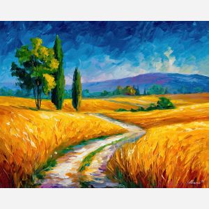 WHEAT ROAD, a warm wheat road beneath midday sky with bright gold fields and distant trees vivid Leonid Afremov style mood bold pale, landscape painting, nature wall art, scenic artwork, oil painting, canvas art, wall art, Afremov style, palette knife texture, colorful landscape, bright scenery, decorative artwork, textured painting, vivid landscape art, gallery wall art, luminous painting, sunlit landscape, daylight scenery, home decor art