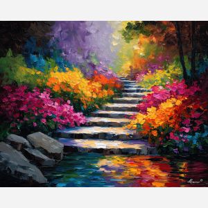 STAIR CREEK, a daylight creek with stone stairs descending directly into bright flowing water and flowers vivid Leonid Afremov style , landscape painting, surreal landscape, surreal wall art, oil painting, canvas art, wall art, Afremov style, palette knife texture, daylight landscape, colorful scenery, decorative artwork, textured painting, fantasy landscape, gallery wall art, luminous painting, bright landscape art, dream scenery, home decor art