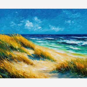 MINT DUNES, a surreal dune field in mint green and warm gold under bright blue daylight vivid Leonid Afremov style mood bold palette, landscape painting, surreal landscape, surreal wall art, oil painting, canvas art, wall art, Afremov style, palette knife texture, daylight landscape, colorful scenery, decorative artwork, textured painting, fantasy landscape, gallery wall art, luminous painting, bright landscape art, dream scenery, home decor art