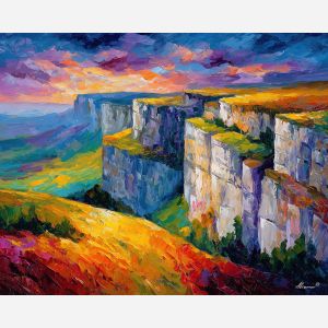 GLASS CLIFFS, a surreal daylight landscape with translucent cliffs overlooking bright fields and warm sky vivid Leonid Afremov style m, landscape painting, surreal landscape, surreal wall art, oil painting, canvas art, wall art, Afremov style, palette knife texture, daylight landscape, colorful scenery, decorative artwork, textured painting, fantasy landscape, gallery wall art, luminous painting, bright landscape art, dream scenery, home decor art
