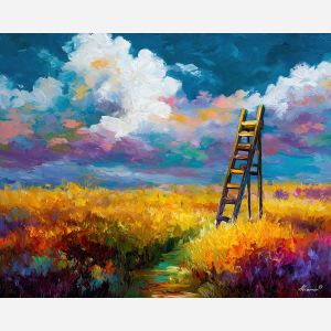 LADDER PRAIRIE, a bright prairie filled with ladders leading into open sky and drifting white clouds vivid Leonid Afremov style mood bol, landscape painting, surreal landscape, surreal wall art, oil painting, canvas art, wall art, Afremov style, palette knife texture, daylight landscape, colorful scenery, decorative artwork, textured painting, fantasy landscape, gallery wall art, luminous painting, bright landscape art, dream scenery, home decor art