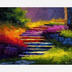 SHADOW STAIRS, a bright landscape where colorful shadows form stairways across grass and stone vivid Leonid Afremov style mood bold pal, landscape painting, surreal landscape, surreal wall art, oil painting, canvas art, wall art, Afremov style, palette knife texture, daylight landscape, colorful scenery, decorative artwork, textured painting, fantasy landscape, gallery wall art, luminous painting, bright landscape art, dream scenery, home decor art