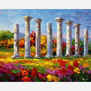SUN COLUMNS, a daylight plain with giant sunlit columns rising from flowers and soft grass vivid Leonid Afremov style mood bold palet, landscape painting, surreal landscape, surreal wall art, oil painting, canvas art, wall art, Afremov style, palette knife texture, daylight landscape, colorful scenery, decorative artwork, textured painting, fantasy landscape, gallery wall art, luminous painting, bright landscape art, dream scenery, home decor art