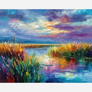 CRYSTAL MARSH, a surreal daylight marsh with crystal reeds reflective pools and bright sky stretching over vivid grass vivid Leonid Afr, landscape painting, surreal landscape, surreal wall art, oil painting, canvas art, wall art, Afremov style, palette knife texture, daylight landscape, colorful scenery, decorative artwork, textured painting, fantasy landscape, gallery wall art, luminous painting, bright landscape art, dream scenery, home decor art