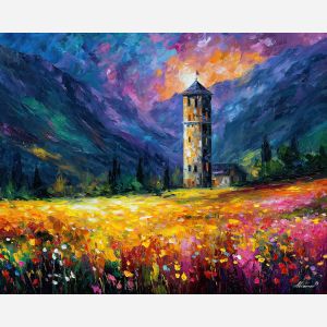 TOWER MEADOW, a bright meadow with impossible stone towers rising from flowers and short grass vivid Leonid Afremov style mood bold pa, landscape painting, surreal landscape, surreal wall art, oil painting, canvas art, wall art, Afremov style, palette knife texture, daylight landscape, colorful scenery, decorative artwork, textured painting, fantasy landscape, gallery wall art, luminous painting, bright landscape art, dream scenery, home decor art