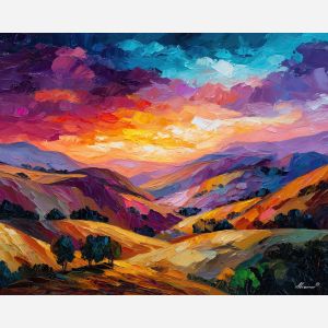 PAPER VALLEY, a surreal daylight valley formed from folded paper hills with warm color and crisp sky beyond vivid Leonid Afremov style, landscape painting, surreal landscape, surreal wall art, oil painting, canvas art, wall art, Afremov style, palette knife texture, daylight landscape, colorful scenery, decorative artwork, textured painting, fantasy landscape, gallery wall art, luminous painting, bright landscape art, dream scenery, home decor art