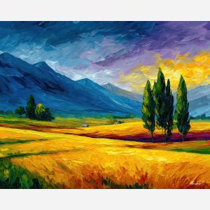 HANGING TERRAIN, a surreal daylight landscape with suspended landforms casting soft shadows over warm fields vivid Leonid Afremov style m, landscape painting, surreal landscape, surreal wall art, oil painting, canvas art, wall art, Afremov style, palette knife texture, daylight landscape, colorful scenery, decorative artwork, textured painting, fantasy landscape, gallery wall art, luminous painting, bright landscape art, dream scenery, home decor art