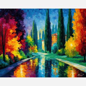 MIRAGE GARDEN, a sunlit garden with impossible mirrored hedges and glowing paths beneath bright sky vivid Leonid Afremov style mood bol, landscape painting, surreal landscape, surreal wall art, oil painting, canvas art, wall art, Afremov style, palette knife texture, daylight landscape, colorful scenery, decorative artwork, textured painting, fantasy landscape, gallery wall art, luminous painting, bright landscape art, dream scenery, home decor art