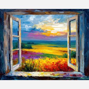 WINDOW PLAINS, a daylight plain with freestanding windows framing bright skies and distant flower fields vivid Leonid Afremov style moo, landscape painting, surreal landscape, surreal wall art, oil painting, canvas art, wall art, Afremov style, palette knife texture, daylight landscape, colorful scenery, decorative artwork, textured painting, fantasy landscape, gallery wall art, luminous painting, bright landscape art, dream scenery, home decor art
