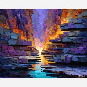 FLOATING CANYON, a surreal canyon with suspended rock ledges and glowing daylight filling the gaps below vivid Leonid Afremov style mood , landscape painting, surreal landscape, surreal wall art, oil painting, canvas art, wall art, Afremov style, palette knife texture, daylight landscape, colorful scenery, decorative artwork, textured painting, fantasy landscape, gallery wall art, luminous painting, bright landscape art, dream scenery, home decor art